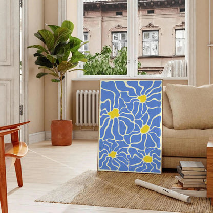splash groovy vibes space vibrant Flower Party Poster bold yellow white hues captivating wall art perfect gift unframed options decor artwork room