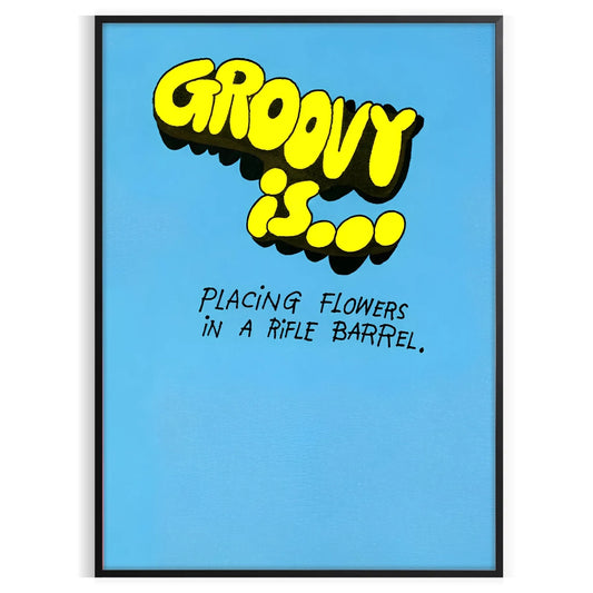 nostalgia groovy flower print poster vibrant yellow bold black stunning ripple barrel art effect wall space unique artwork unforgettable gift sizes A4 cm A0