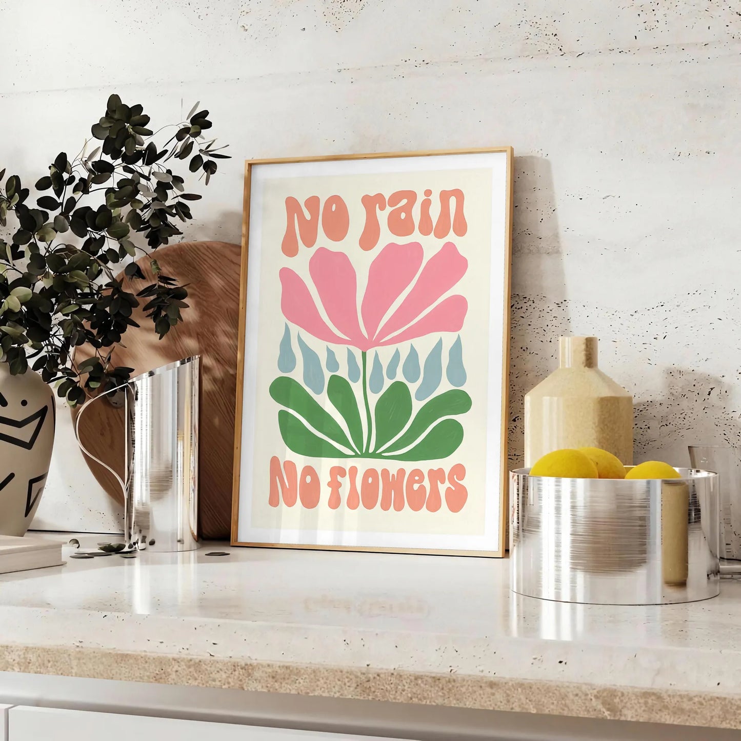 space No Rain Flowers groovy poster vibrant brown green hues wall art thoughtful gift flower market artwork touch nature indoors diverse sizes A4 A0 cm