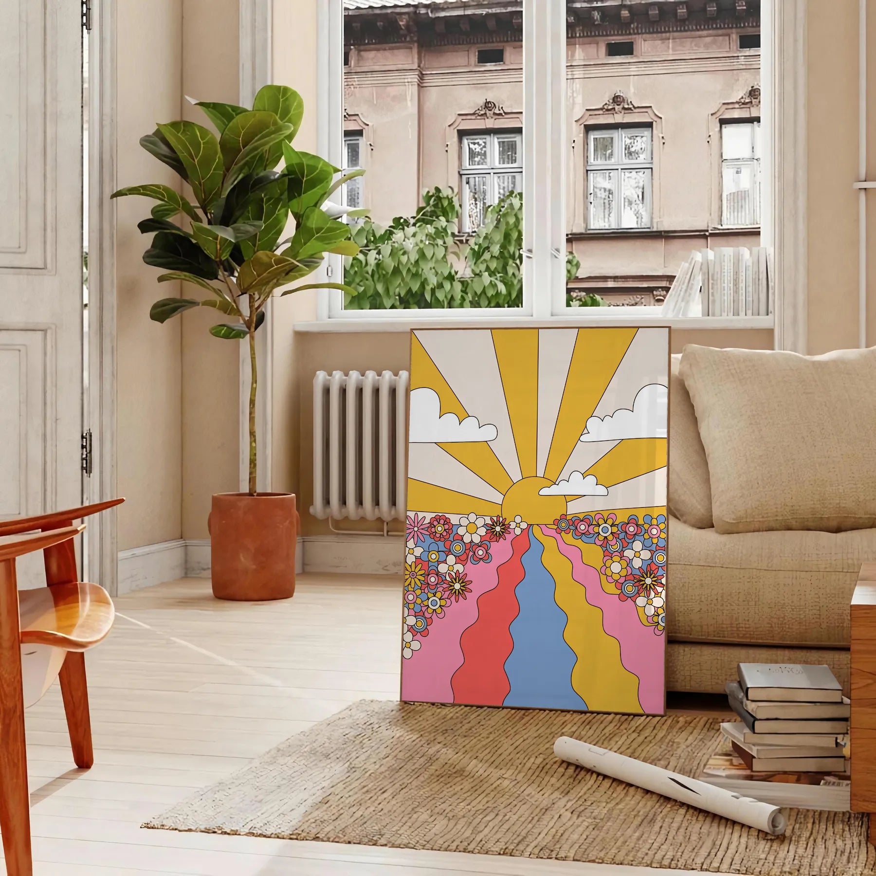 space groovy Sunflower Flower Market Poster vibrant yellow brown hues eye wall art perfect gift room unique artwork available frame enthusiasts retro prints